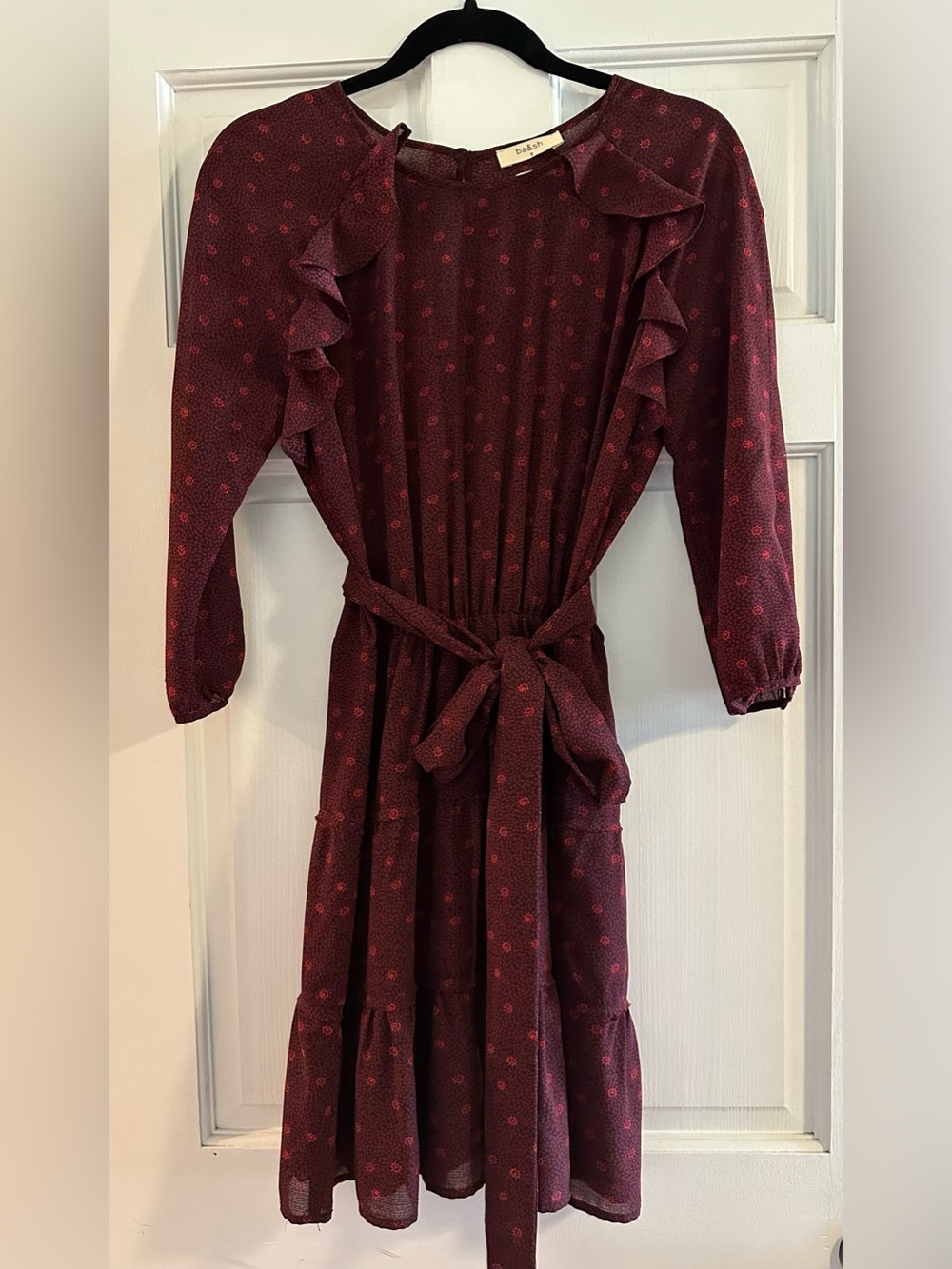 Ba&sh Women’s Burgundy Floral Tiered Ruffle Smocked Waist Mini Dress Size 2/4
